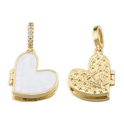 White Brass Micro Pave Clear Cubic Zirconia Locket Pendants, with Natural Abalone Shell/Paua Shell, Dyed, Nickel Free, Real 18K Gold Plated, Heart Charm, White, 17x17x8mm, Hole: 4x5.5mm