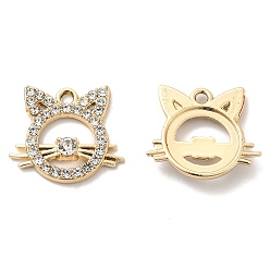 Golden UV Plating Alloy Pendants, with Crystal Rhinestone, Cat Charms, Golden, 18x20x3.5mm, Hole: 2mm