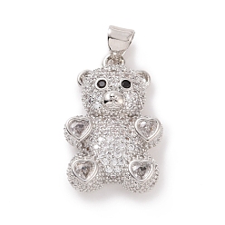 Clear Brass Cubic Zirconia Pendants, Platinum, Bear with Heart Charm, Clear, 23x15x4mm, Hole: 4X5mm