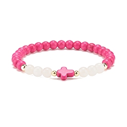 Deep Pink Synthetic Turquoise(Dyed) & Hematite & Natural White Jade Beaded Stretch Bracelet with Cross, Gemstone Jewelry for Women, Deep Pink, Inner Diameter: 2 inch(5.2cm)