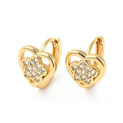 Clear Cubic Zirconia Heart with Star Hoop Earrings, Real 18K Gold Plated Brass Jewelry for Women, Cadmium Free & Nickel Free & Lead Free, Clear, 13x13x10.5mm, Pin: 1mm