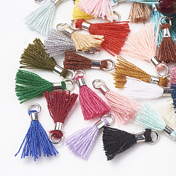 Mixed Color Polycotton(Polyester Cotton) Tassel Pendant Decorations, Mini Tassel, with Brass Findings, Platinum, Mixed Color, 10~15x3~4mm, Hole: 2mm