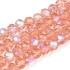 Salmon Electroplate Glass Beads Strands, Half Rainbow Plated, Faceted, Rondelle, Salmon, 4x3mm, Hole: 0.4mm, about 123~127pcs/strand, 16.5~16.9 inch(42~43cm)