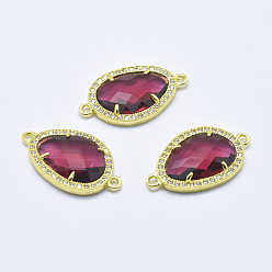 Dark Red Brass Micro Pave Cubic Zirconia Links, with Glass, Faceted, Teardrop, Golden, Dark Red, 28x16x4.5mm, Hole: 1.6mm