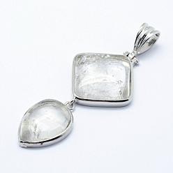 Cristal de Quartz Cristal de quartz naturel gros pendentifs, cristal de roche, avec les accessoires en laiton, platine, larme et losange, 53x25x7mm, Trou: 6x9.5mm