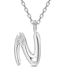 Letter N SHEGRACE Rhodium Plated 925 Sterling Silver Initial Pendant Necklaces, with Grade AAA Cubic Zirconia and Cable Chains, Platinum, Letter.N, 15.74 inch(40cm)