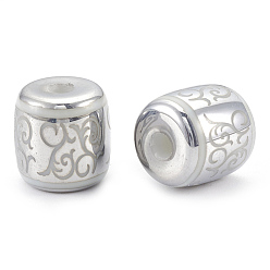 Platinum Plated Electroplate Glass Beads, Barrel with Vine Pattern, Platinum Plated, 12x11.5mm, Hole: 3mm, 100pcs/bag
