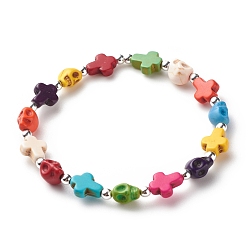 Coloré Bracelet extensible en perles de turquoise synthétique (teint) avec croix et tête de mort, bijoux de pierres précieuses d'halloween pour femmes, colorées, diamètre intérieur: 2-1/4 pouce (5.6 cm)