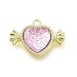 Light Gold Breloques strass en résine rose transparente, charmes de coeur, avec les accessoires en alliage, or et de lumière, 15x21x4.5mm, Trou: 1.6mm