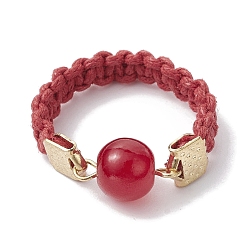 Red Glass Round Ball Braided Bead Style Finger Ring, with Waxed Cotton Cords, Red, Inner Diameter: 18mm