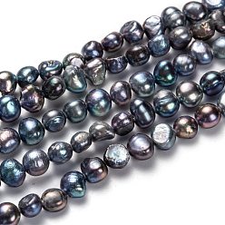 Prussian Blue Natural Cultured Freshwater Pearl Beads Strands, Potato, Dyed, Prussian Blue, 5~7x6~8mm, Hole: 0.6mm, about 58pcs/strand, 13.78 inch(35cm)