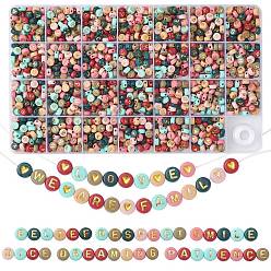 Coloré Kit de fabrication de bracelets extensibles avec lettres DIY, y compris les perles acryliques rondes plates, fil élastique, colorées, perles: 7x4 mm, Trou: 1.5mm, 1485~1620 pcs / boîte