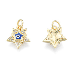 Medium Blue Brass Micro Pave Clear Cubic Zirconia Charms, with Enamel and Jump Rings, Real 18K Gold Plated, Nickel Free, Star with Evil Eye, Medium Blue, 13x11.5x2.5mm, Jump Ring: 5mm in diameter, 1mm thick, 3mm thick