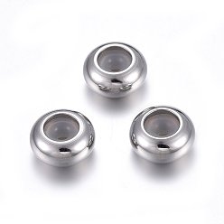 Stainless Steel Color 201 Stainless Steel Beads, with Rubber Inside, Slider Beads, Stopper Beads, Rondelle, Stainless Steel Color, 8x4mm, Hole: 4mm, Rubber Hole: 1.2mm