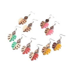 Mixed Color Resin & Walnut Wood Monstera Leaf Dangle Earrings, 316 Surgical Stainless Steel Big Drop Earrings for Women, Mixed Color, 73mm, Pin: 0.6mm