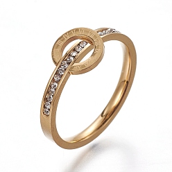 Золотой 304 палец кольца из нержавеющей стали, со стразами, плоские круглые с римскими цифрами, кристалл, золотые, Размер 6~9, 16~19 мм
