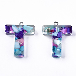 Letter T Transparent Epoxy Resin Pendants, with Shell Slices and Loops, Alphabet, Letter.T, 30.5x24x8mm, Hole: 1.6mm