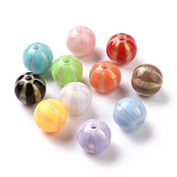 Couleur Mélangete Perles acryliques opaques, poudre de scintillement, rond avec motif à rayures, couleur mixte, 15.5x15mm, Trou: 3mm