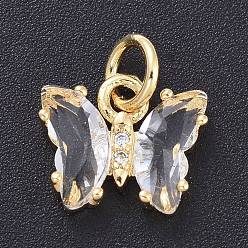 Clear Brass Micro Pave Clear Cubic Zirconia Pendant, with Glass, Butterfly, Golden, Clear, 12.5mm