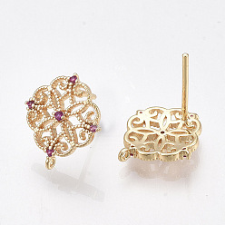 Magenta Brass Stud Earring Findings, Cubic Zirconia and Loop, Nickel Free, Real 18K Gold Plated, Flower, Magenta, 13x12mm, Hole: 0.8mm, Pin: 0.8mm