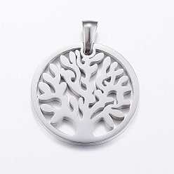 Stainless Steel Color 304 Stainless Steel Pendants, Flat Round with Tree of Life, Stainless Steel Color, 25x2mm, Hole: 3.5x5.5mm