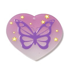 Butterfly Valentine's Day Printed Heart Theme Acrylic Pendants, Butterfly, 32x37.5x2.5mm, Hole: 1.6mm