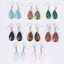 Mixed Stone Natural & Synthetic Mixed Stone Dangle Earrings, with Brass Findings, teardrop, Faceted, Platinum, 45~49mm, Pin: 0.7mm, Pendant: 24~26x13x6~7mm