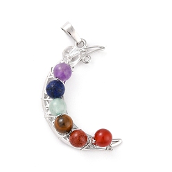 Mixed Stone Natural Mixed Gemstone Round Chakra Pendants, with Platinum Plated Brass Findings, Cadmium Free & Lead Free, Moon, 41x26x7.5~8mm, Hole: 6.5x4.8mm