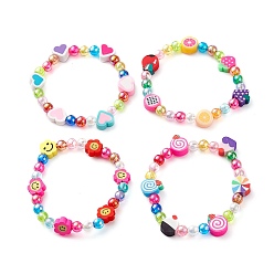 Mixed Color Transparent Acrylic Beads Stretch Kids Bracelets, with Polymer Clay Beads, Mixed Shape, Mixed Color, Inner Diameter: 1-3/4 inch(4.5cm)