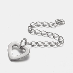 Stainless Steel Color 304 Stainless Steel Chain Extender, with Heart Pendants, Stainless Steel Color, 60mm