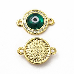 Dark Green Rack Plating Real 18K Gold Plated Brass Micro Pave Clear Cubic Zirconia Connector Charms, Flat Round with Evil Eye Links, with Handmade Lampwork, Cadmium Free & Lead Free, Long-Lasting, Dark Green, 18.5x13x4mm, Hole: 1.4mm