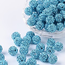 Aquamarine Pave Disco Ball Beads, Polymer Clay Rhinestone Beads, Grade A, Round, Aquamarine, PP12(1.8~1.9mm), 8mm, Hole: 1mm