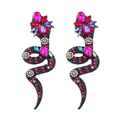 Fuchsia Sparkling Rhinestone Snake Dangle Stud Earrings, Gunmetal Alloy Long Drop Earrings for Women, Fuchsia, 81x29mm