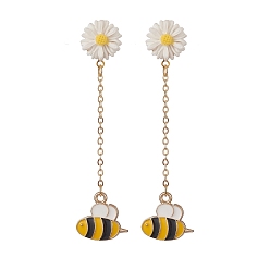 Oro Aretes colgantes de abeja de aleación esmaltada con margarita de resina, 304 pendientes de borla de cadena de acero inoxidable para mujer, oro, 70 mm, pin: 0.7 mm