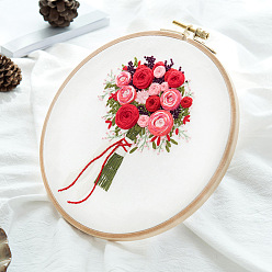 Red DIY Bouquet Pattern 3D Ribbon Embroidery Kits, Including Printed Cotton Fabric, Embroidery Thread & Needles, Red, 300x270mm