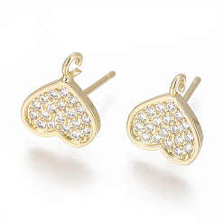 Golden Brass Stud Earring Findings, with Cubic Zirconia and Loop, Heart, Clear, Golden, 10x9mm, Hole: 1.2mm, Pin: 0.8mm