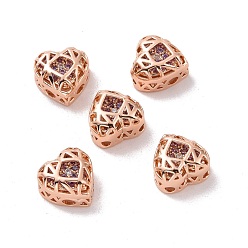 Lilac Eco-friendly Brass Cubic Zirconia Multi-Strand Links, Nickel Free, Cadmium Free & Lead Free, Heart, Rose Gold, Lilac, 8x8x5mm, Hole: 1.2mm
