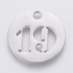 Number 304 Stainless Steel Pendants, Cut-Out, Hollow, Flat Round with Number, Stainless Steel Color, Num.19, 19x1.5mm, Hole: 2.5mm