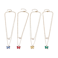 Mixed Color 4Pcs 4 Color Glass Butterfly & Natural Pearl Pendants Double Layer Necklaces Set with Clear Cubic Zirconia, Golden Brass Jewelry for Women, Mixed Color, 16.34 inch(41.5cm), 1Pc/color