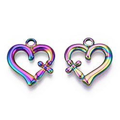 Rainbow Color Placage ionique (ip) 304 pendentifs en acier inoxydable, coeur avec breloque croix, couleur arc en ciel, 20.5x19x2.5mm, Trou: 2.5mm