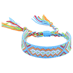 Light Sky Blue Polyester-cotton Braided Rhombus Pattern Cord Bracelet, Ethnic Tribal Adjustable Brazilian Bracelet for Women, Light Sky Blue, 5-7/8~11 inch(15~28cm)