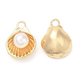 Real 18K Gold Plated Brass with Glass Pearl Pendants, Shell Shape Charm, Real 18K Gold Plated, 15x11.5x6.6mm, Hole: 2mm