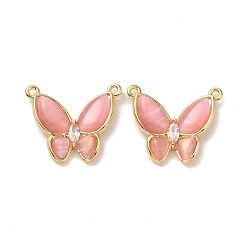 Pink Cat Eye Pendants, Butterfly Charm, with Brass Clear Cubic Zirconia, Cadmium Free & Lead Free, Real 18K Gold Plated, Pink, 17x20.5x4mm, Hole: 1.2mm