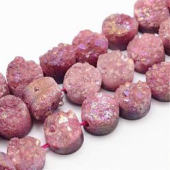 Pink Electroplated Natural Druzy Quartz Crystal Bead Strands, Flat Round, Dyed, Pink, 7~12x5~10mm, Hole: 1.5mm, about 16pcs/strand, 7.8 inch
