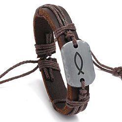 Brun De Noix De Coco Rectangle en alliage avec bracelet à maillons poisson Jésus, bracelet réglable en cuir de vache, brun coco, 6-3/4~7-1/8 pouce (17~18 cm)