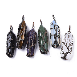 Mixed Stone Natural & Synthetic Mixed Gemstone Big Wire Wrapped Pendants, with Brass Wires, prismatic with Tree of Life, Red Copper, 48~62x14~17x13~18mm, Hole: 4x5~6mm