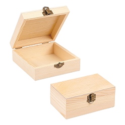 Цвет Древесины Складная коробка olycraft из сосны, с застежкой железа, прямоугольные, деревесиные, 12.6x11.9x5 см, 2 шт / комплект