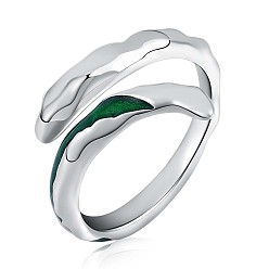 Platinum Rhodium Plated 925 Sterling Silver Vintage Open Cuff Ring with Green Enamel for Women, Platinum, US Size 5 1/4(15.9mm)