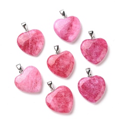 Hot Pink Natural Quartz Pendants, Heart Charm, with Platinum Plated Brass Bails, Dyed, Hot Pink, 27x25.5x7.5mm, Hole: 7.5x4mm