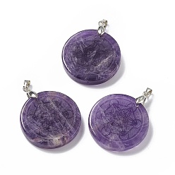 Amethyst Natural Amethyst Pendants, Flat Round Charms with Chakra Theme Pattern, with Rack Plating Platinum Tone Brass Findings, Cadmium Free & Lead Free, 30x4~8mm, Hole: 4x4mm
